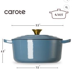 Carote 4.5QT Enamel Cast Iron Dutch Oven,9.5"Round Soup Pot with Lid, Induction Compatible，Blue