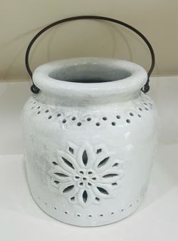 Pottery Barn Punched Ceramic Lantern with Iron Handle