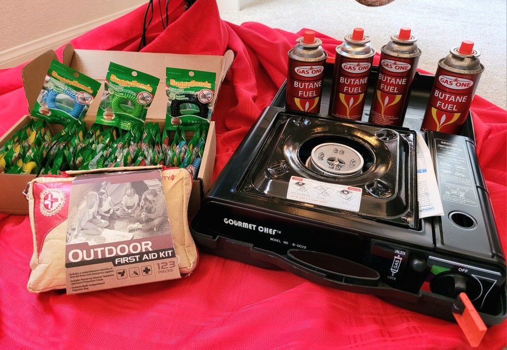 Portable Gas Stove, Butane Fuel, First Aid Kit, And Insect Repellent Bracelets Lot! 