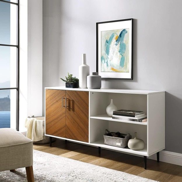 Media console. Solid White Composite TV Stand 69 in. with wooden doors. Livingroom, bedroom