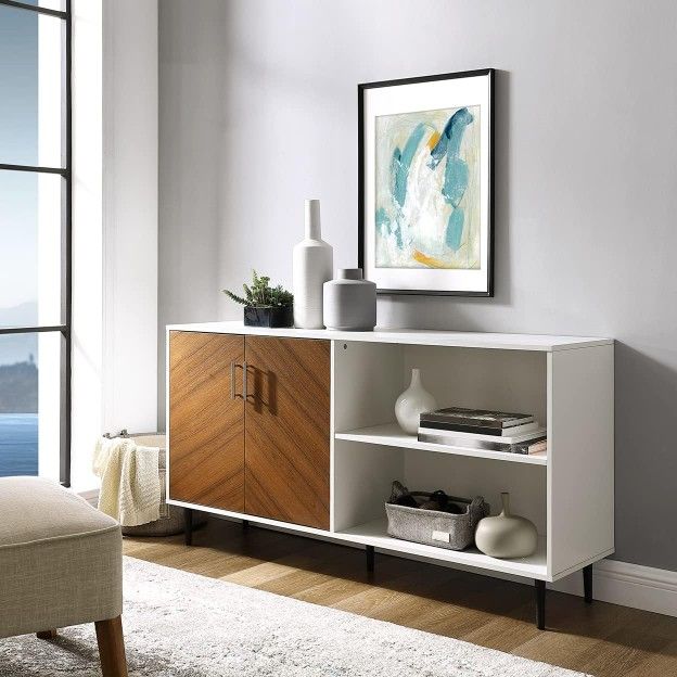 Media console. Solid White Composite TV Stand 69 in. with wooden doors. Livingroom, bedroom 