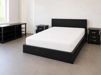 Black Platform Bed Frame with Headboard Nightstands and TV Entertainment Set