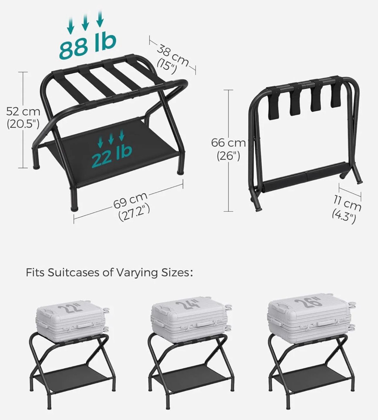 SONGMICS Luggage Racks Suitcase Stand with Fabric Storage Shelf Set of 2 - Black