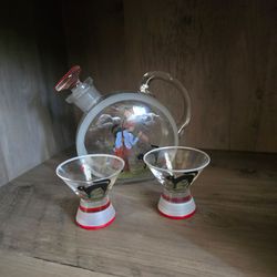 "Vintage Czech (bohemian glass) hand painted cat decanter set"