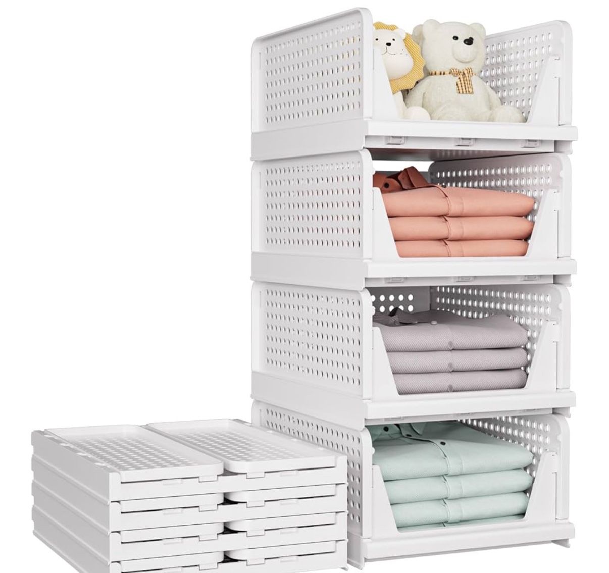 SNSLXH 5 Pack Stackable Closet Storage Basket, Multifunctional & Foldable Closet Organizer for Bathr