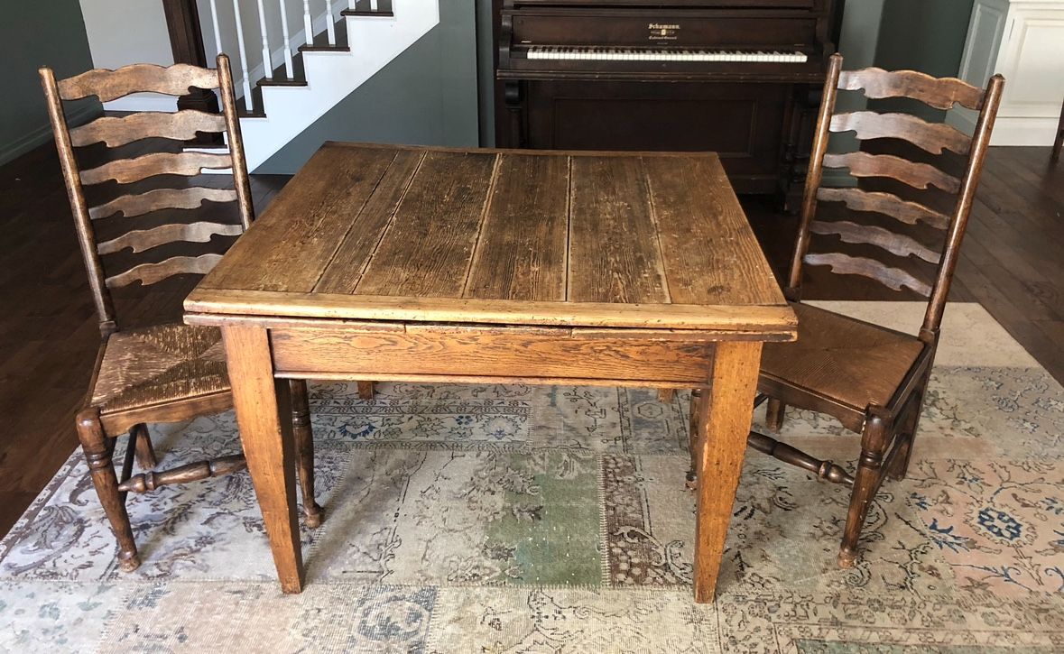 1800’s Antique Square  Extending Wood Table/ 2 Chairs