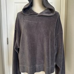 Aerie Corduroy Groove-On Velour Hoodie Sweatshirt Gray Long Sleeve Pullover