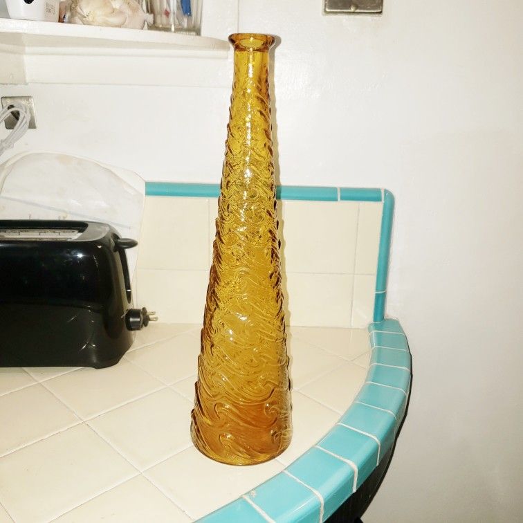 Vintage Mcm Glass Genie Bottle Decanter Vase Waves No, Yellow

