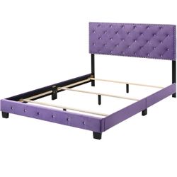 Full-Size Bed in Purple - Full Bed Frame with Faux Crystal Jeweled Tufted Velvet Cover, Modern Design, and Easy Assembly for a Majestic Bedroom Retrea