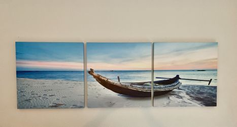 Art Allure Triptych Decor Blue Beach Paddle Canoe 58.5”x19.5” Canvas Photo Print