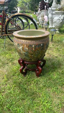 Large Chinese Porcelain Fishbowl Planter with Wood Stand