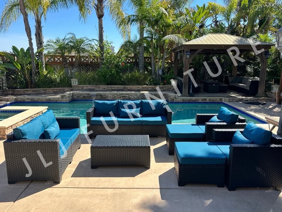 NEW🔥Outdoor Patio Furniture 7 Pc Black Wicker Peacock Blue Cushions storage table Cover ASSEMBLED