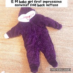 12 M baby girl first impressions Purple Velour Lined footed, hooded hearts, so soft snowsuit fold back mittens