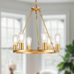 6 Lights Gold Wagon Wheel Chandelier, Modern Golden Pendant Lights Fixtures Dia 18.1”