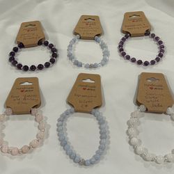 Stretchy Gemstone  Bead Bracelets - Rose Quartz, Aquamarine, Amethyst, And White Jade