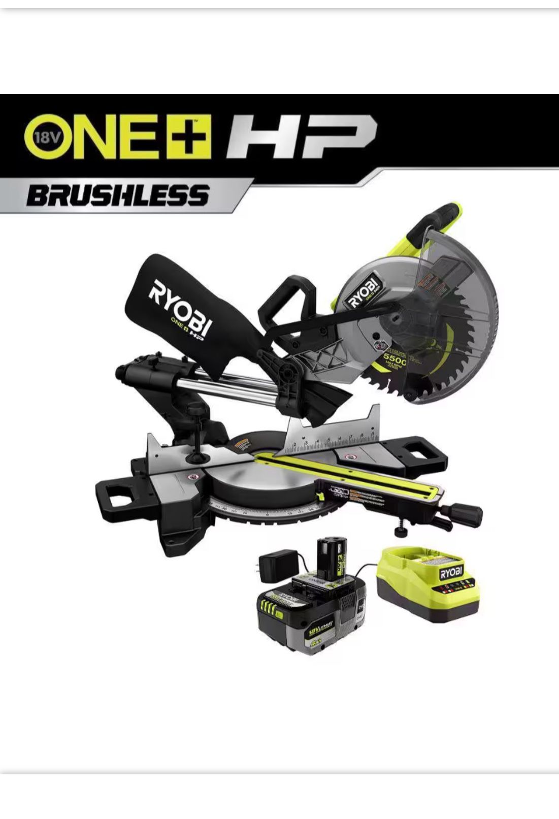 RYOBI ONE+ HP 18V Brushless Cordless 10 in. Sliding Compound Miter Saw Kit with 4.0 Ah HIGH PERFORMANCE Battery and Charger