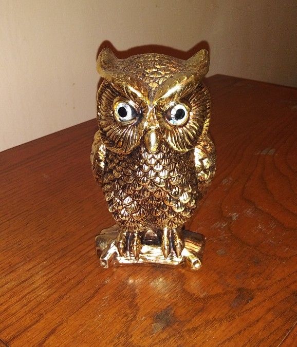 Gold Tone Owl With Blue Eyes