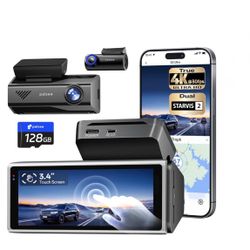 Car Dash Cam 4K Front 2.5K Rear, OBD Hardwire Kit, 3.4” Touch Screen, GPS, WiFi 6, Night Vision, G-Sensor, ADAS, App Control, Voice Command, Truck SUV
