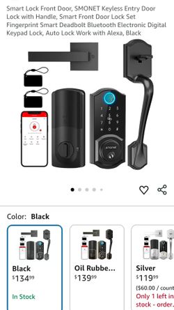 Smart Lock Front Door, SMONET Keyless Entry Door Lock with Handle, Smart Front Door Lock Set Fingerprint Smart Deadbolt Bluetooth Electronic Digital K