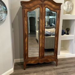French Antique Carved Walnut Louis XV Armoire Beveled Mirrors