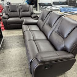 BRAND NEW 2pc Set Breathable Air Leather Manual Reclining Sofa And Loveseat Dark Brown Color 