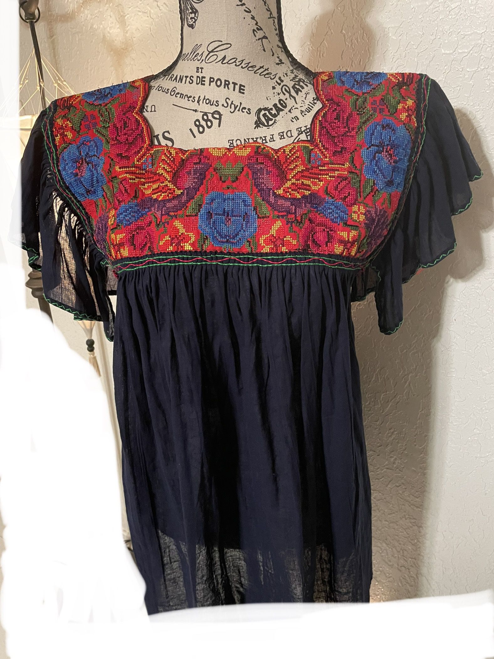 Mexican blouse, Mexican tunic, Cross stitch blouse, Cotton Blouse, Navy Blue