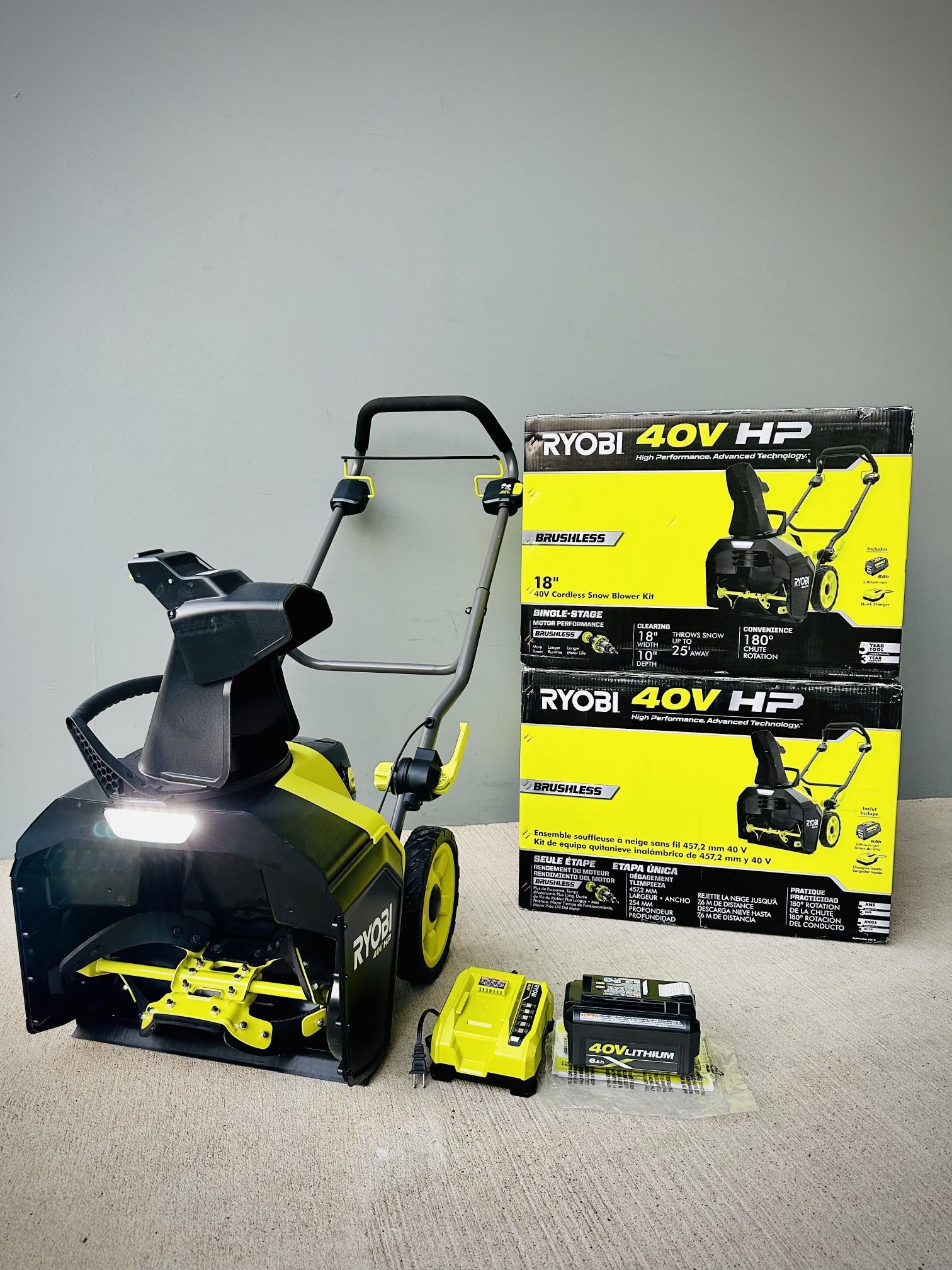 Brand new Ryobi 40V HP Brushless 18 in. Single-Stage Cordless Electric Snow Blower with 6.0 Ah Battery and Charger