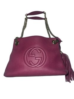 Gucci Womens Leather Soho Monogram Tassel Strapped Shoulder Handbag Plum