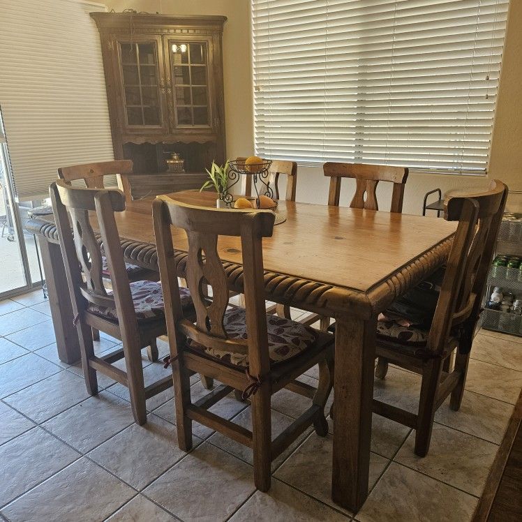 Rustic Mexican Solid Wood Dining Table And Chairs Set For 6