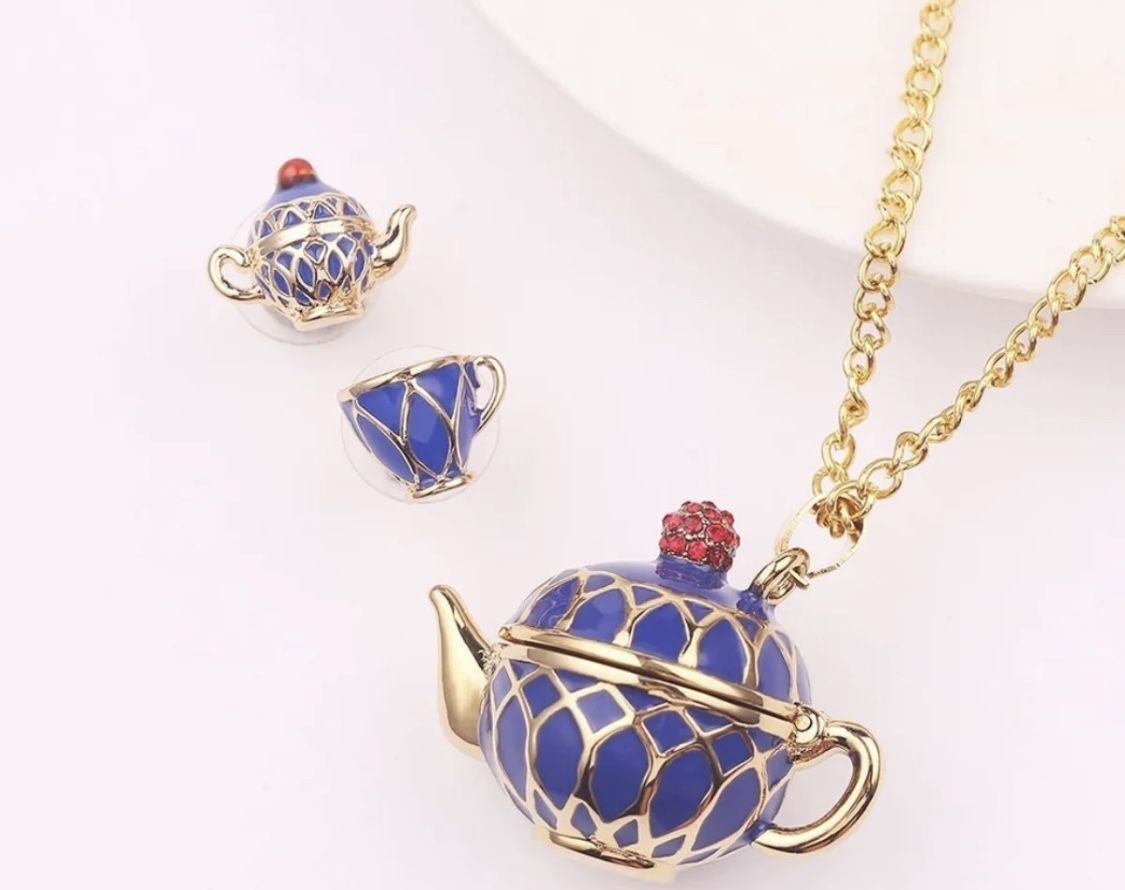 Alice In Wonderland Teapot Locket Necklace & Earrings ⭐️