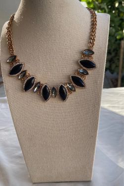 Gold tone statement necklace white stones black marquise shaped crystal chain li