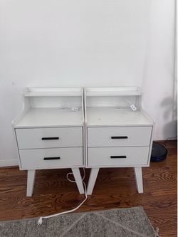 Set of 2 White Night Stands w/ Multicolor LED lights and Charging ports.