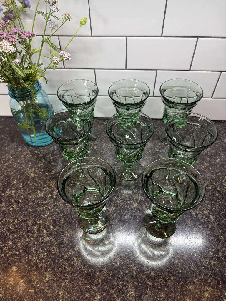 13 Vintage Fostoria Jamestown Green Footed Goblet 8 Tea 5 Champaign Glasses 8oz