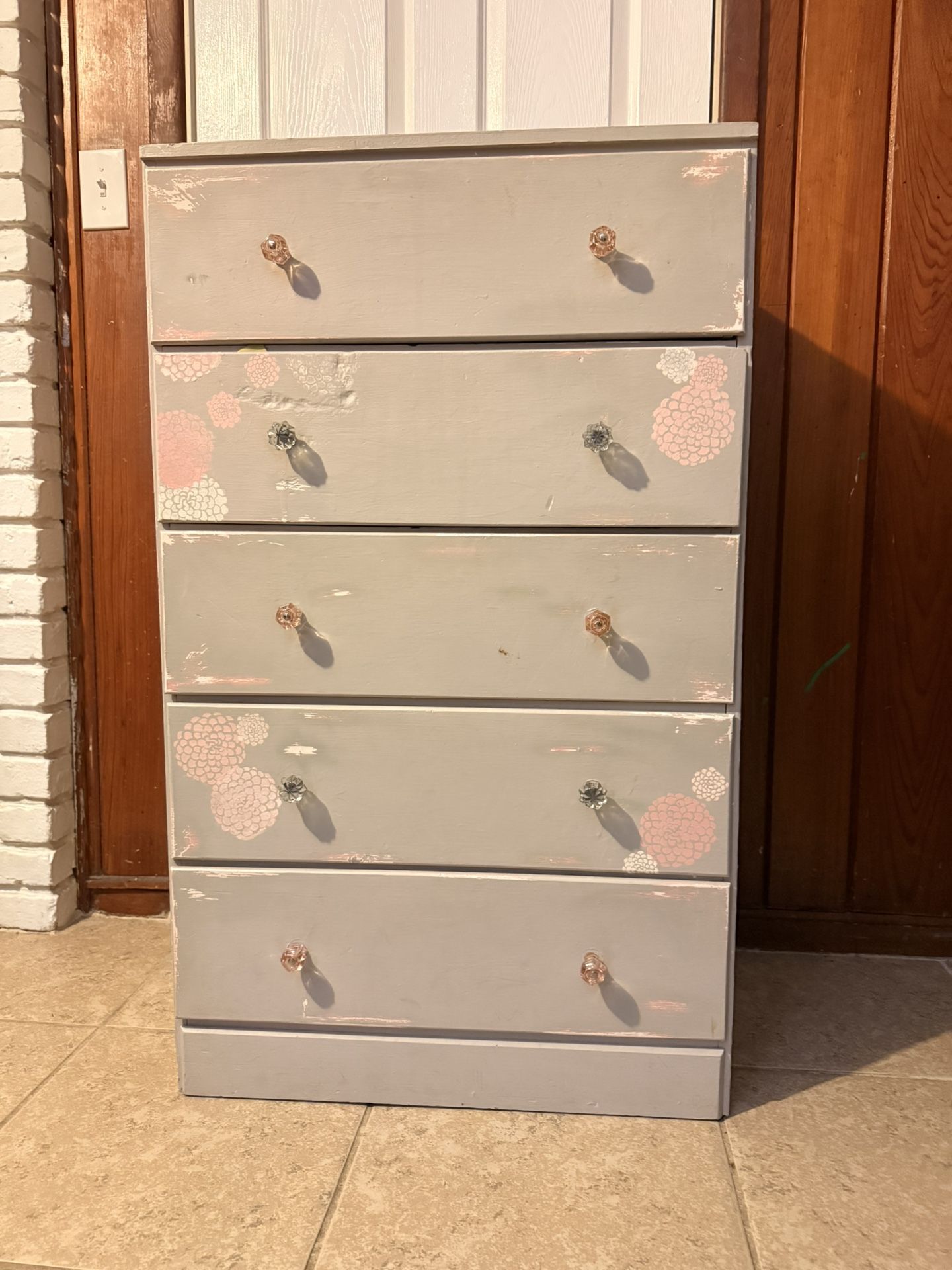 Grey Dresser – Hand-Painted, Boho Chic, Glass Knobs