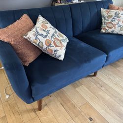 Blue Velvet Convertible Couch / Sofa With 2 USB Ports