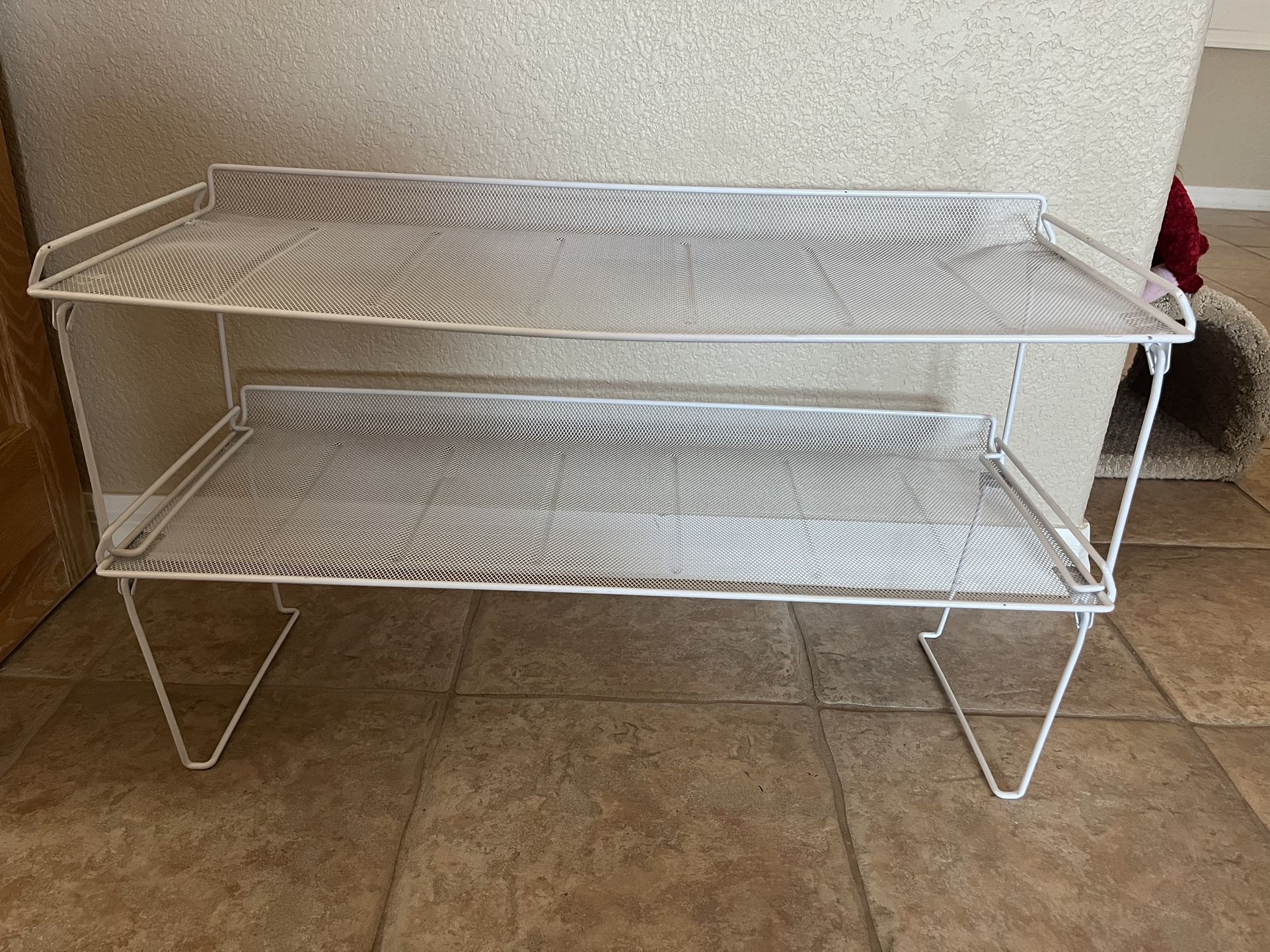 White Mesh Metal Foldable/Stackable Shoe Racks (2)