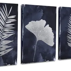 Navy Blue Botanical Leaf Canvas Wall Art Set 3 Panels 48x24 Framed