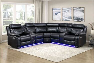 BRAND NEW BLACK OR BROEN SYNTHETIC LEATHER 3-Piece Power Reclining Sectional with Two Consoles, Speakers, Subwoofer, LED Lighting