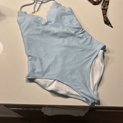 Blue striped seersucker, one piece, scallop halter