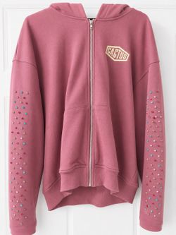 Pink Cactus Club zip up hoodie with multicolored rhinestones on sleeves #cactusclub #rhinestones