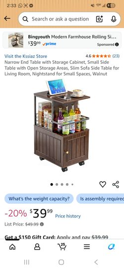 Narrow End Table with Storage Cabinet, Small Side Table with Open Storage Areas, Slim Sofa Side Table for Living Room, Nightstand for Small Spaces, Wa