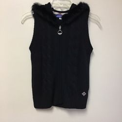 Women’s BURBERRY LONDON Blue Label Black Hooded Sweater Vest With Real Fur Trim… Size 36 = 2 US