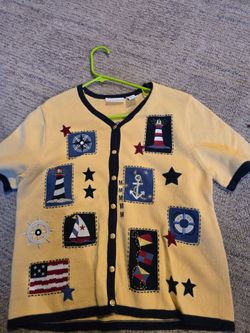 Nautical Embroidered Knit Cardigan Sweater New Medium
