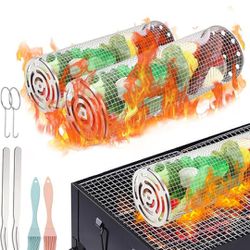 Pretar Rolling Grilling Basket Set of 2 - BBQ Grill Basket for Fish, Shrimp, Meat, Vegetables and Fries, Round Stainless Steel Grill Mesh
