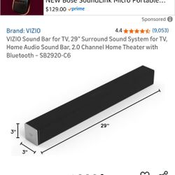 VIZIO Sound Bar. Bluetooth. 29" Sirround Sound System. 2.0 Channel Home Theater