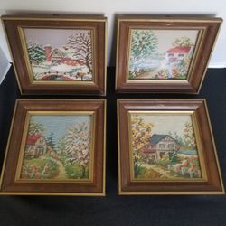 Vintage Needlepoint 4 Seasons Framed