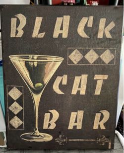 Vintage canvas, sign, black cat bar