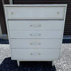 Solid Wood Off White Mid Century Modern MCM 4 Drawer Tallboy Dresser FREE DELIVERY
