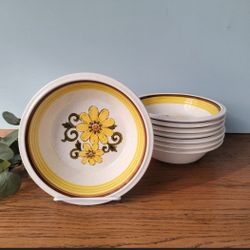 Vintage Stoneware, Set of 4 Fiesta Nustone Stoneware Bowls, Sunflower Pattern International Silver Co, 1970s