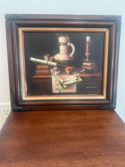 A. Warner Signed Original Oil Painting Violin Books Still Life